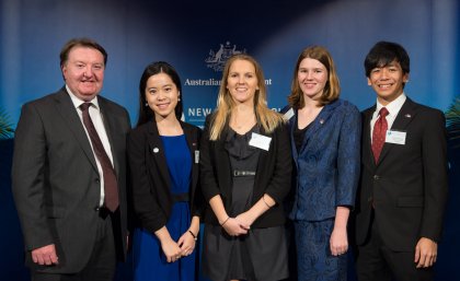 UQ’s Professor Alastair McEwan, left, with international scholarship winners Emily Chen, Kristie Higginson, Katrina Couzens and Hirotsugu Takahashi. UQ’s Professor Alastair McEwan, left, with international scholarship winners Emily Chen, Kristie Higginson, Katrina Couzens and Hirotsugu Takahashi.